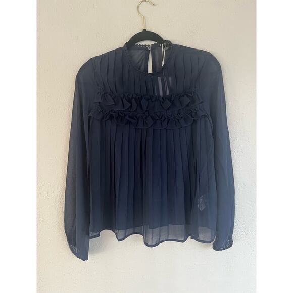 Anthropologie Endless Rose Sheer Navy Pleated Blouse w/ Lace Detail, Lar… - Picture 3 of 11